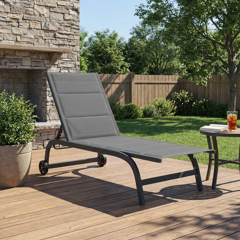 Outsunny Șezlong de soare material respirabil cu spătar reglabil în 6 trepte, roți, cadru din aluminiu Gri închis | Aosom Romania