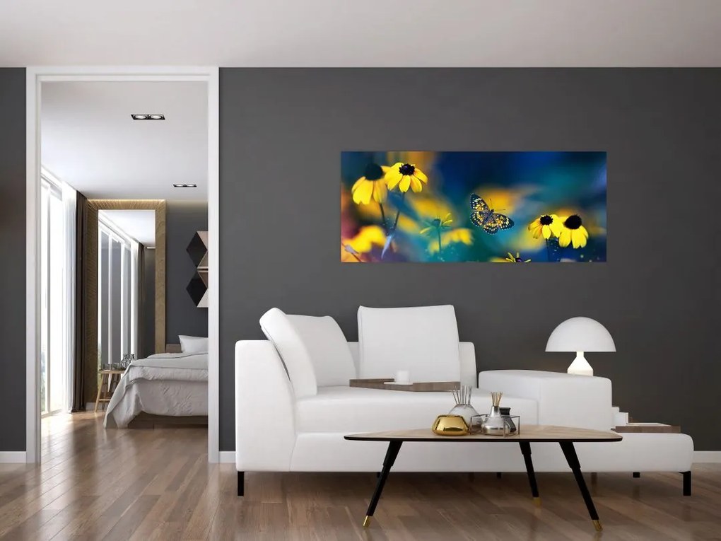Tablou - Fluture galben și flori (120x50 cm)