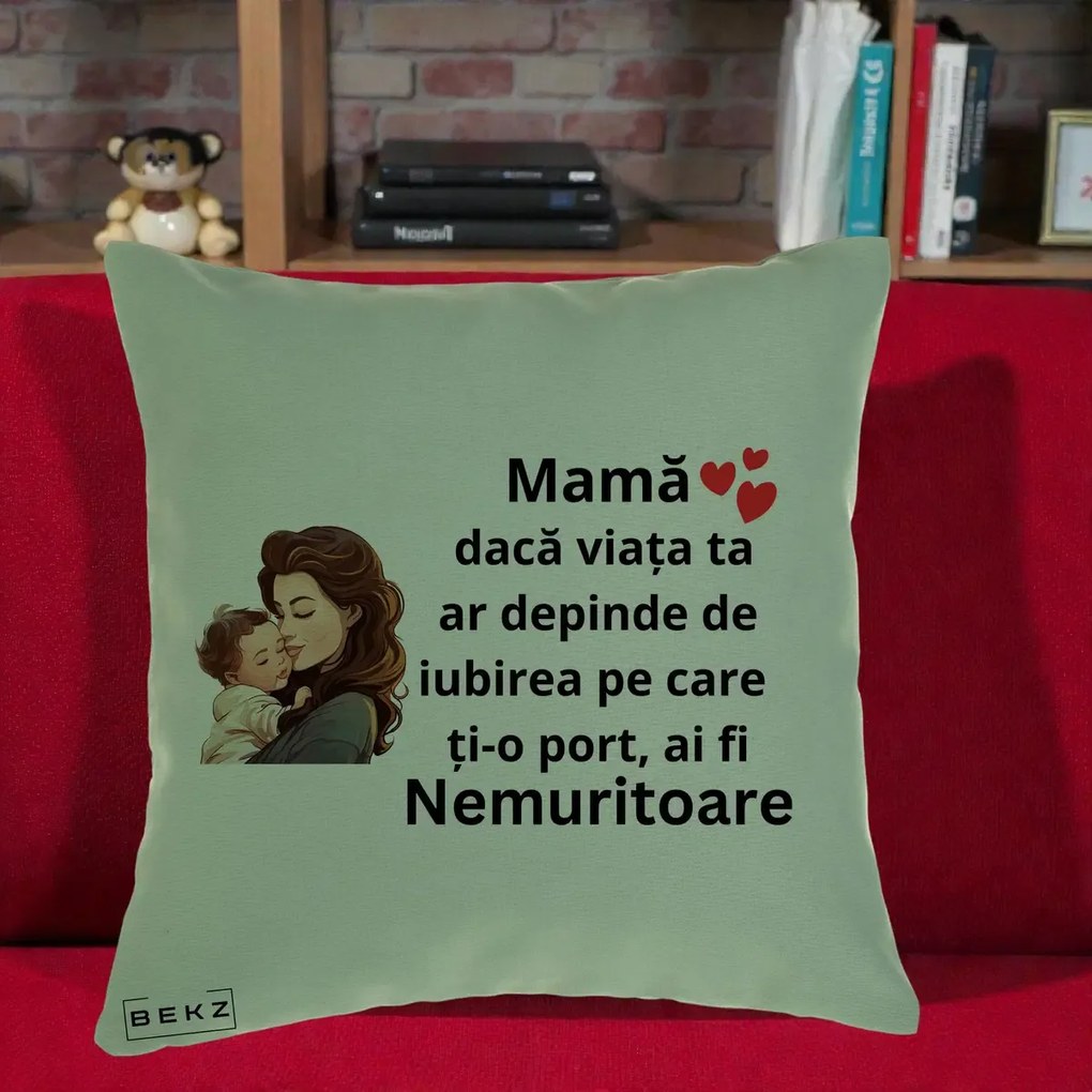 Cadou pentru Mama - Perna Personalizata Mama Nemuritoare cu Bebelus Lineart, 40x40 cm, Verde, Husa Detasabila, Perna Inclusa, BEKZ®