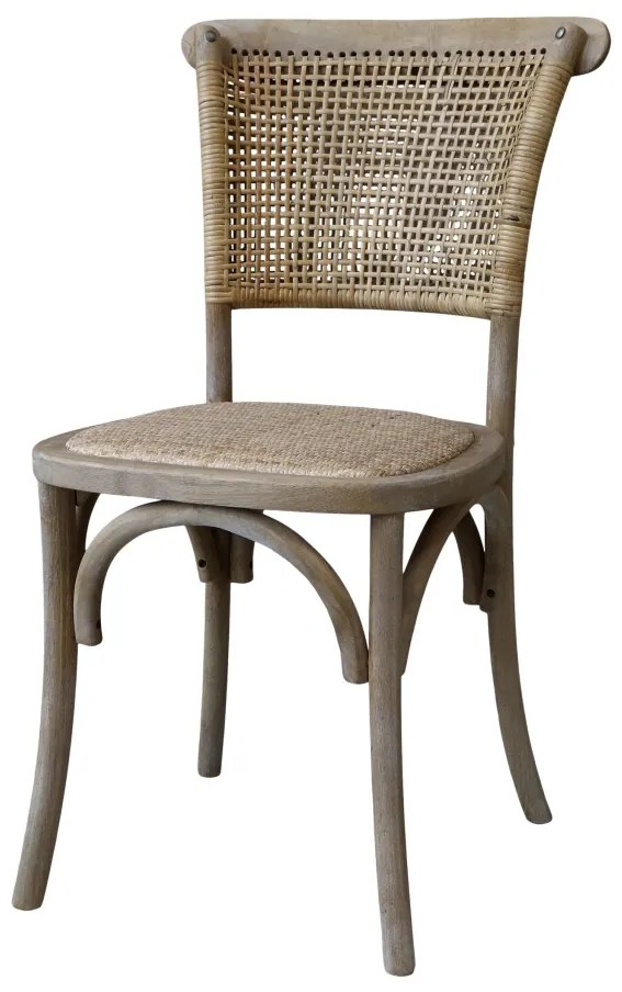 Scaun dining, bej, din lemn de cauciuc si rattan, cu aspect vintage, Old French