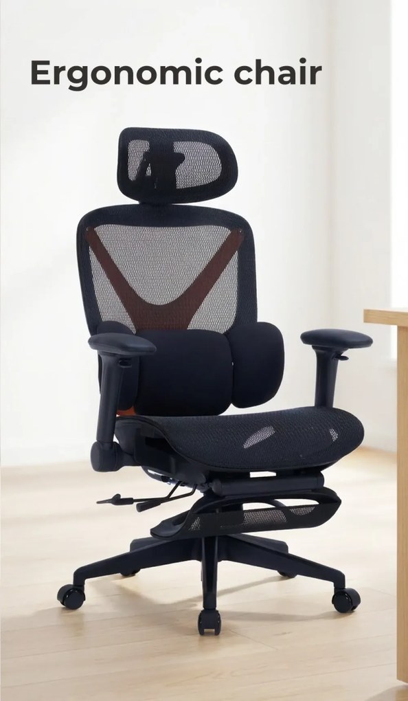 DeluxStar YX-977 NEXOR PRO MESH – Scaun Ergonomic cu Suport Lombar 3D, Tetieră 3D, Cotiere 4D, Șezut Glisant, Înclinare 140°, Suport pentru Picioare, Mesh, Negru