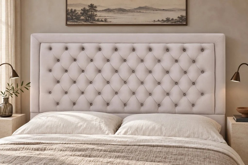 Pat tapițat Chesterfield din catifea Ophelia Deluxe 160×200 cm, crem, cu ladă de depozitare