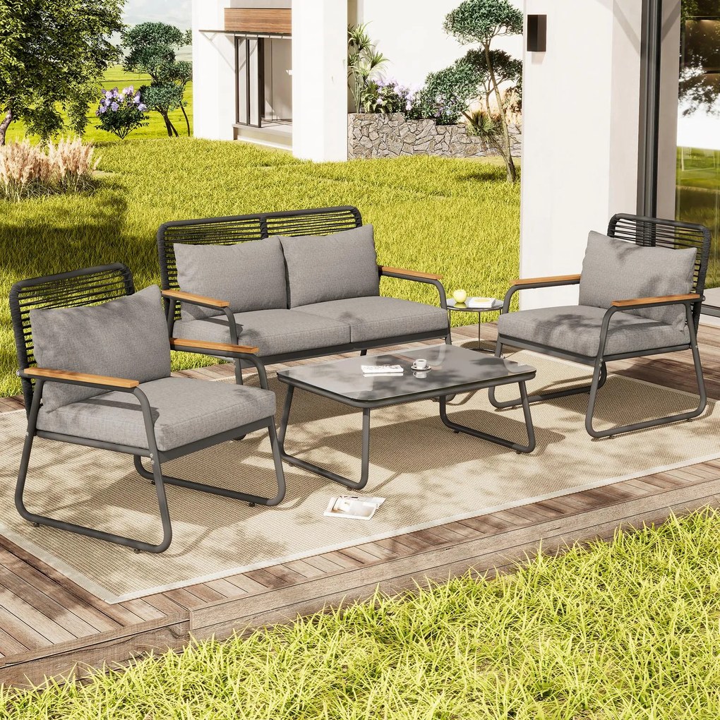 Set de lounge pentru grădină pentru 4 persoane, cu canapea dublă, 2 canapele individuale și 1 măsuță de cafea, Gri