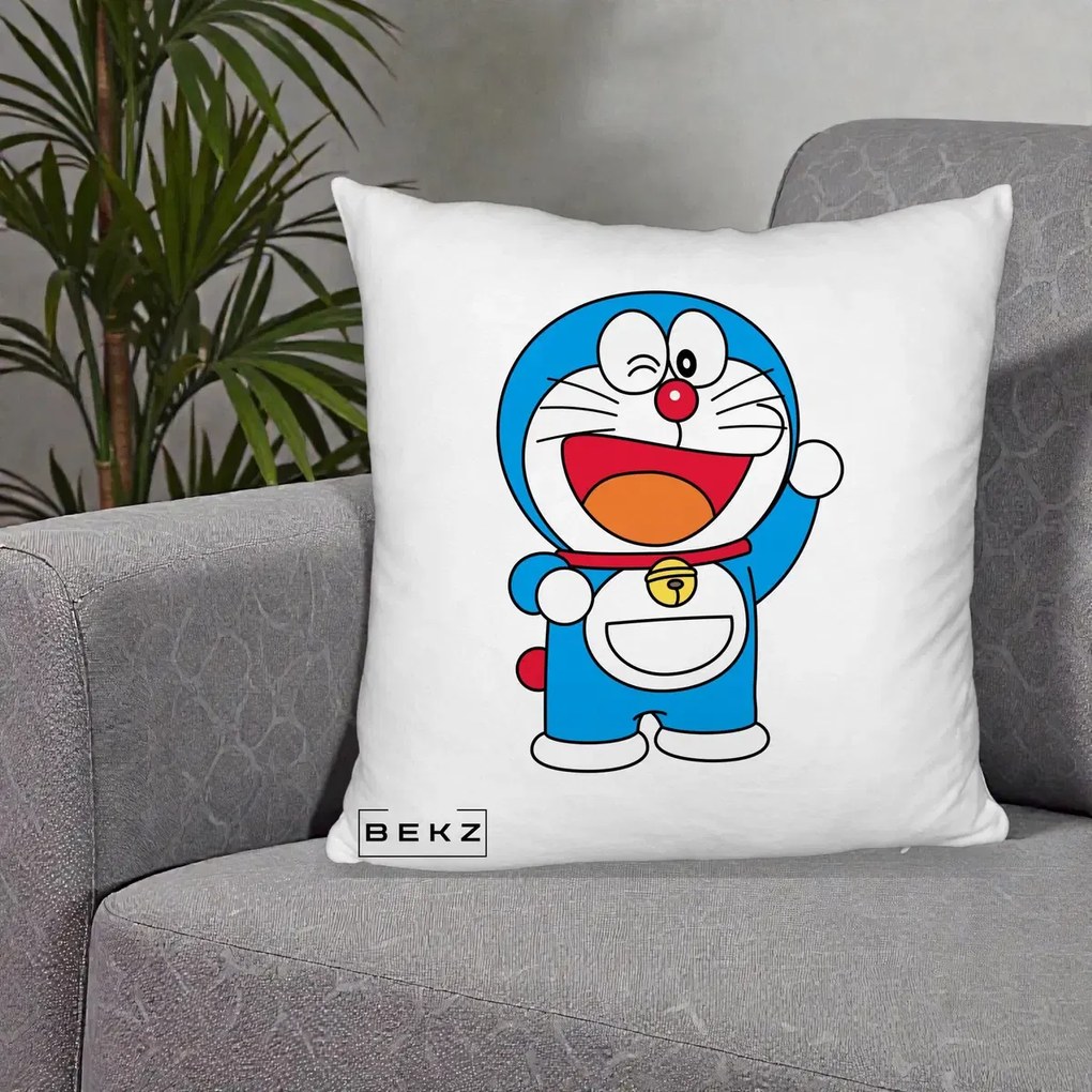 Perna Personalizata Doraemon Salutand, 40x40 cm, Alb Pufos, Husa Detasabila, Perna Inclusa, BEKZ®