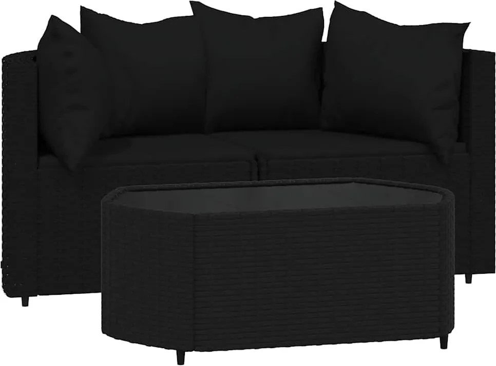 vidaXL Set mobilier de grădină cu perne, 3 piese, negru, poliratan