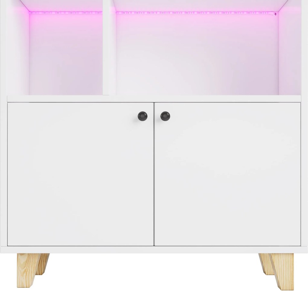 Bibliotecă cu iluminare ambientală LED cu schimbare de culoare, uși duble și mai multe rafturi, 80x30x173 cm, Alb