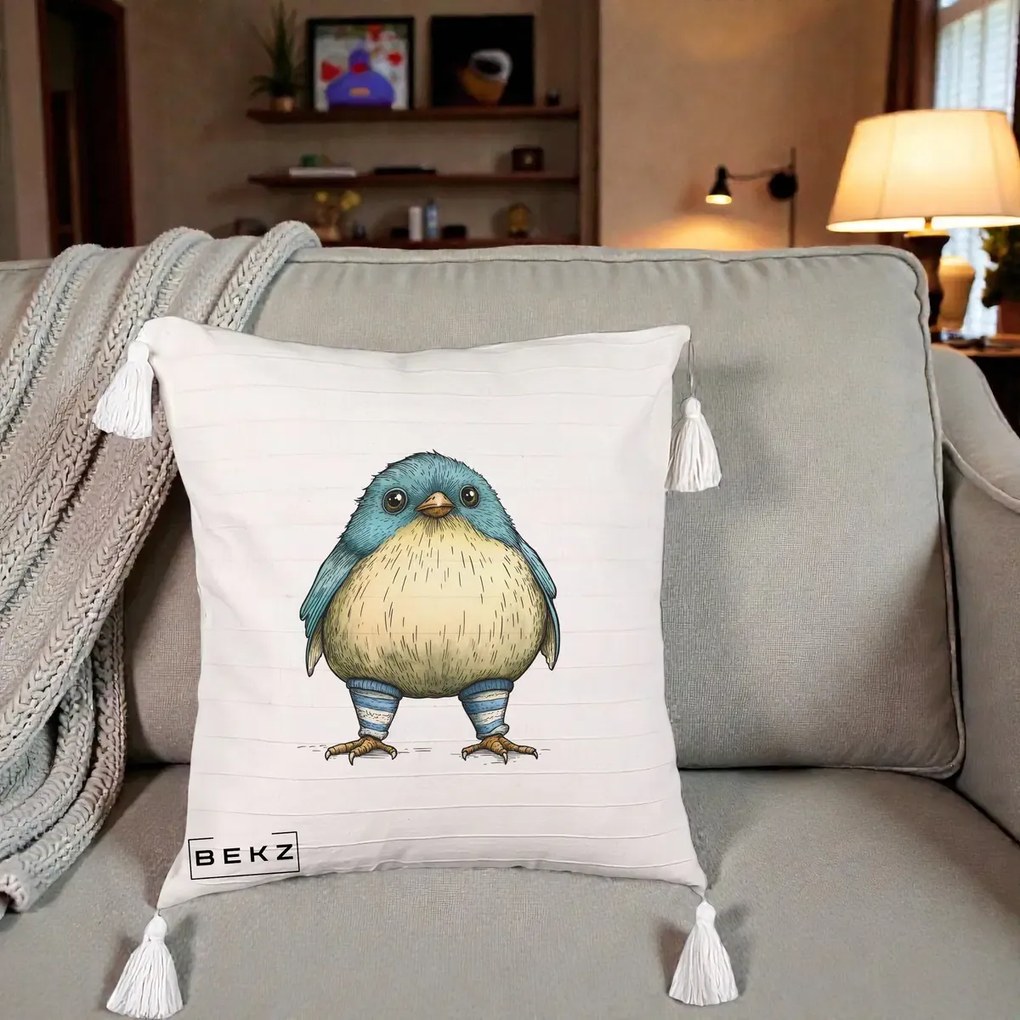 Perna Decorativa Pasare Albastra cu Sosete Albastre, 40x40 cm, Bej cu Franjuri, Husa Detasabila, Perna Inclusa, BEKZ®