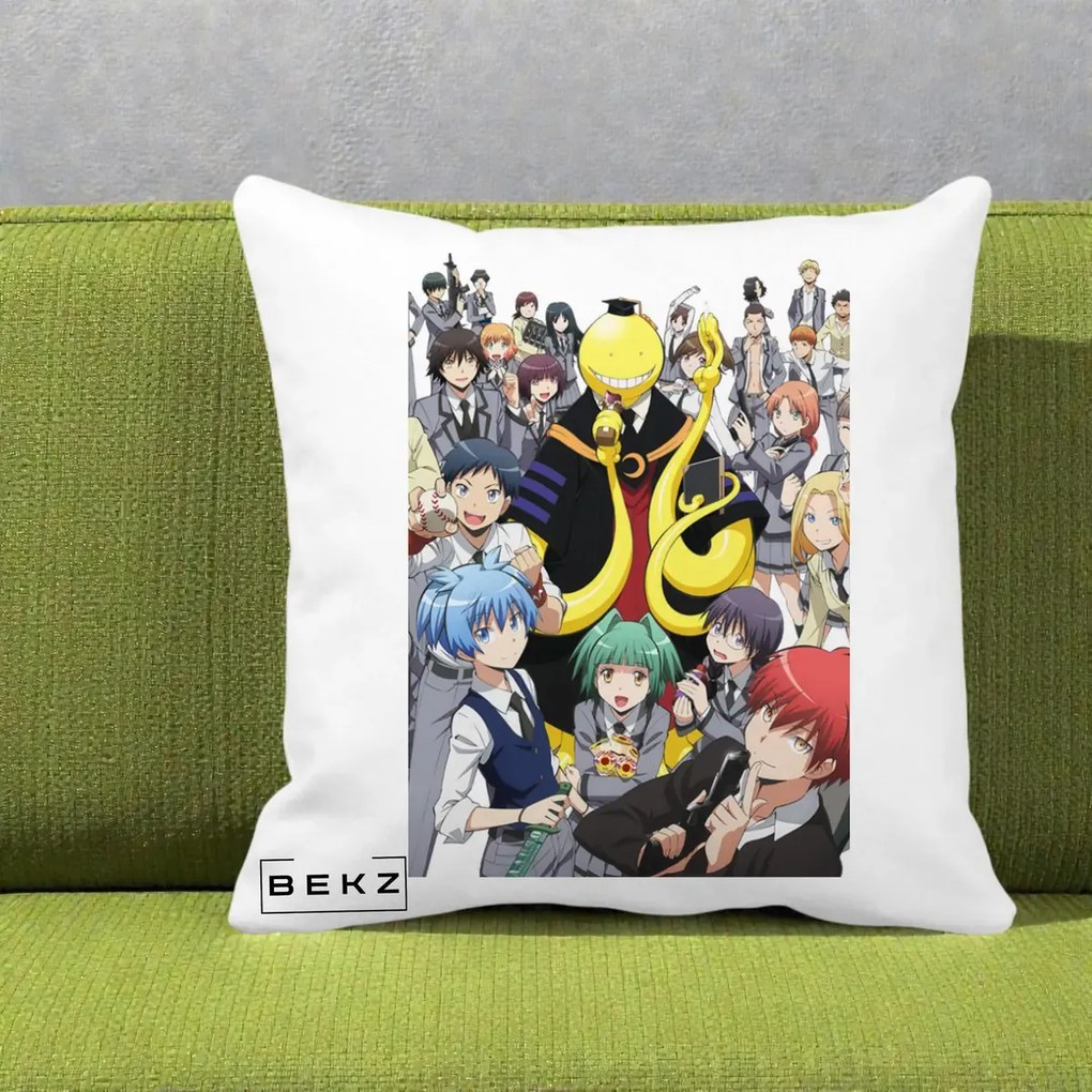 Perna Personalizata Assassination Classroom Grup Complet Anime, 40x40 cm, Alba Mata, Husa Detasabila, Perna Inclusa, BEKZ®