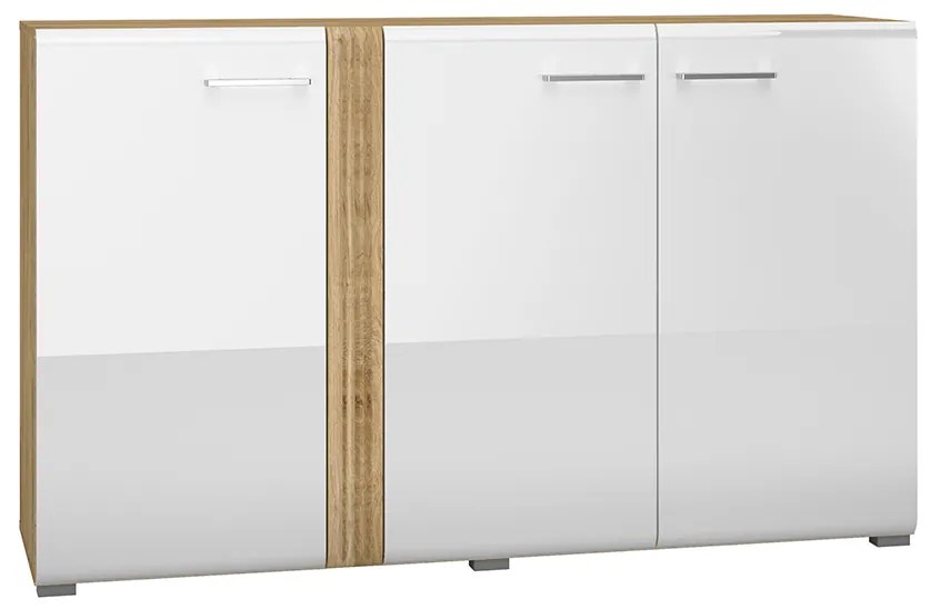 Comoda cu 3 usi, alb lucios+stejar, 150x90x42 cm, canturi abs, inchidere silentioasa usa , sertare extensie totala alb lucios stejar, 150 cm, 90 cm,