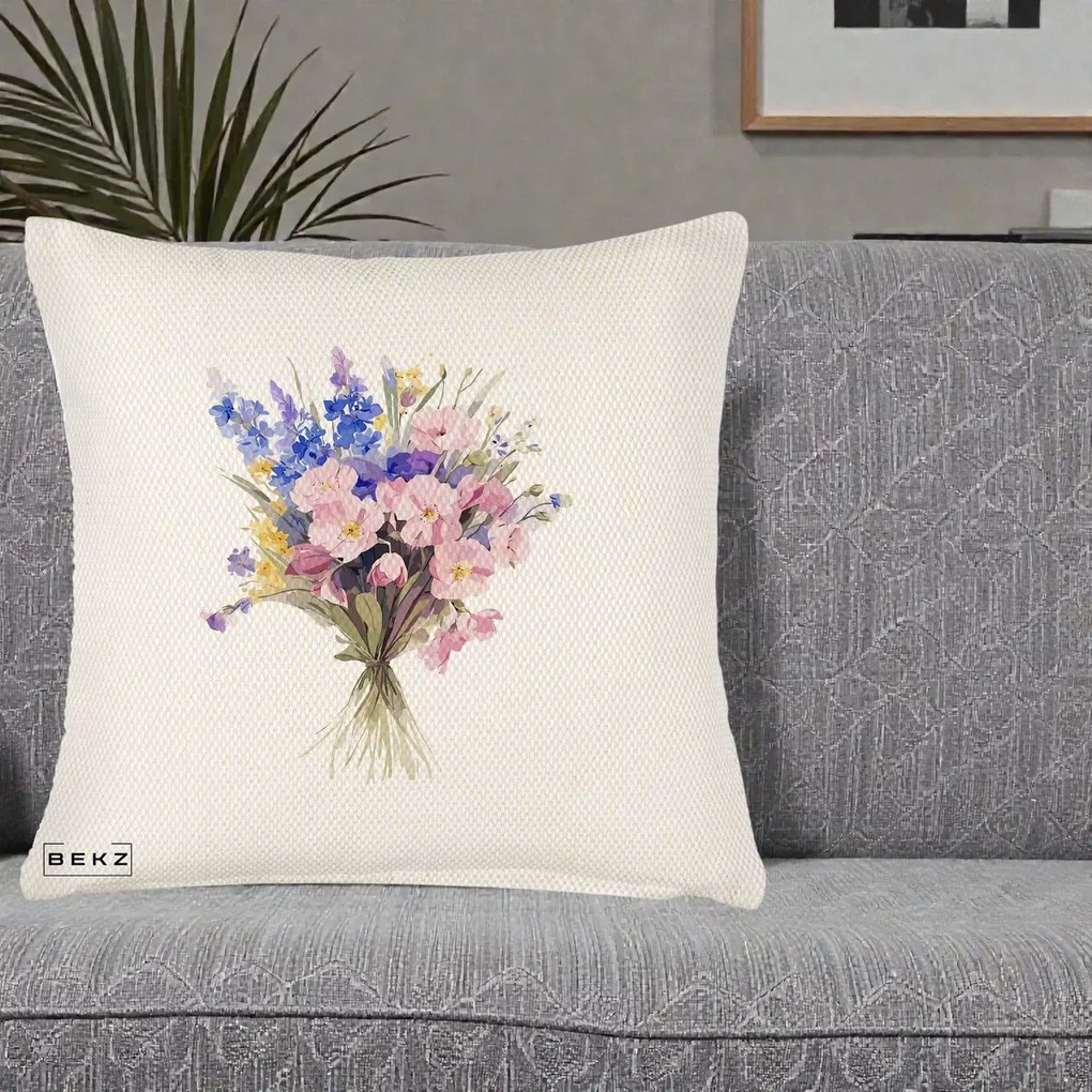 Perna Decorativa Buchet Floral Acuarela Primavara, 40x40 cm, Crem Reliefat, Husa Detasabila, Perna Inclusa, BEKZ®
