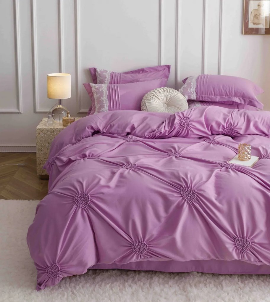 Lenjerie pat dublu, Inimi Brodate, 6 Piese, Finet Premium - Roz