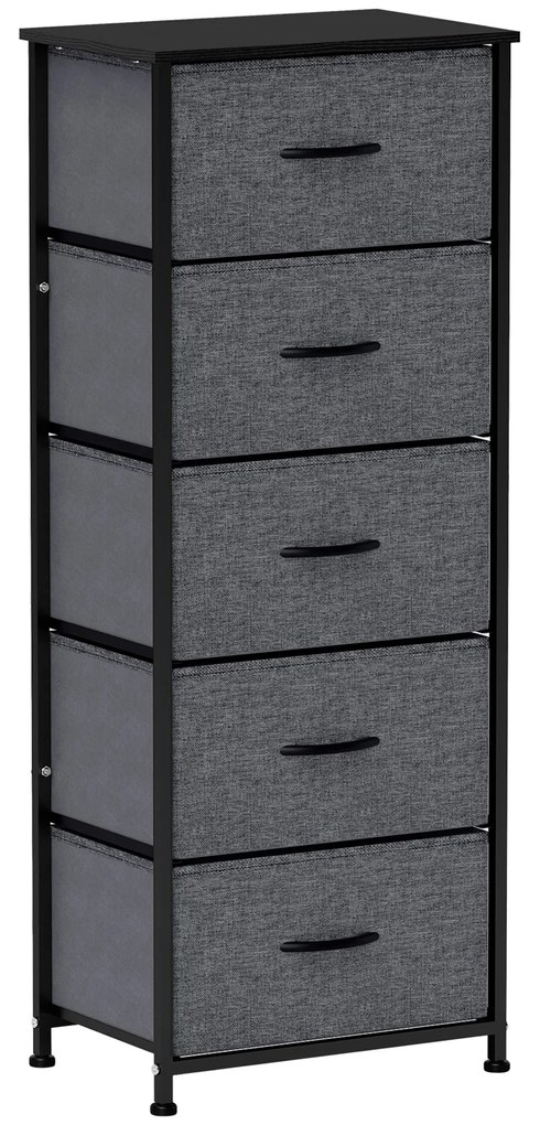 HOMCOM Comodă 5 sertare mobilier de depozitare sertar din material pliabil - structură din oțel negru - 45 x 30 x 116 cm gri închis | Aosom Romania