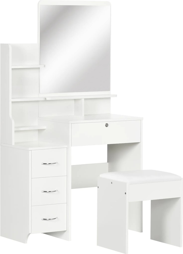HOMCOM Post de machiaj cu oglindă mare din sticlă temperată, tocător de machiaj cu scaun căptușit, 4 sertare și 4 rafturi, post de machiaj pentru dormitor, alb | Aosom Romania
