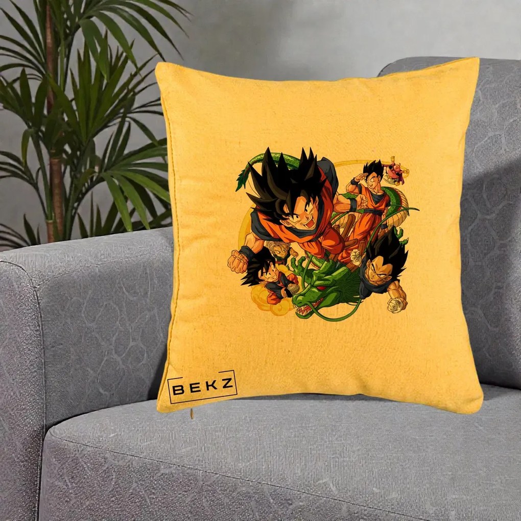 Perna Personalizata Dragon Ball Goku si Shenron Actiune, 40x40 cm, Galben, Husa Detasabila, Perna Inclusa, BEKZ®