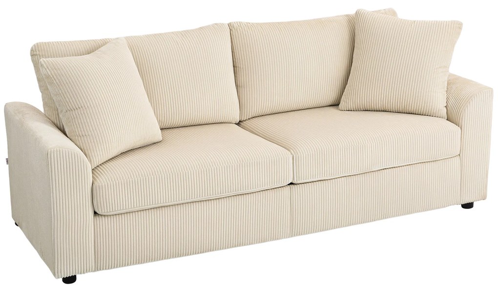 HOMCOM Canapea 3 Locuri din Catifea Reiată cu 2 Perne, 212x80x88 cm, Crem | Aosom Romania