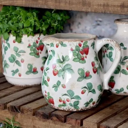 Carafă din ceramică crem cu model căpșuni, "Fraises"
