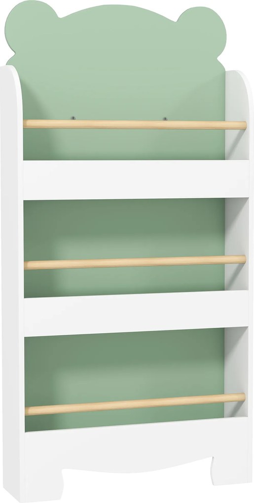 AIYAPLAY Raft pentru cărți copii, raft pentru copii cu 3 niveluri cu temă urs pentru cărți și jucării, 55 x 15 x 110 cm, Verde | Aosom Romania