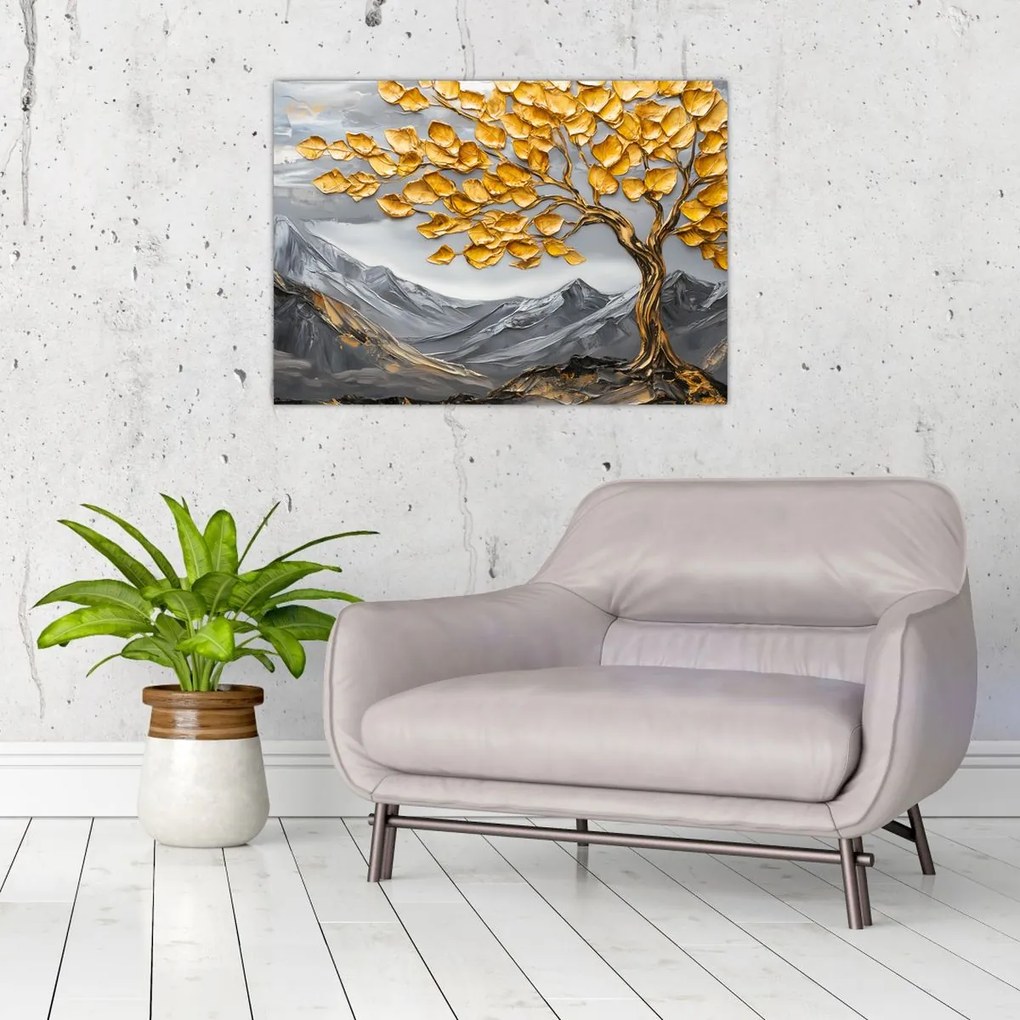Tablou pe sticlă – Arbore cu frunze aurii (70x50 cm)