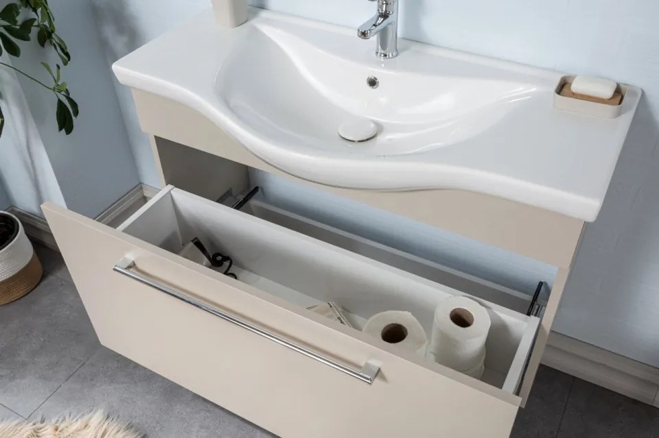 Set Mobilier Baie Arches, Include Baza Lavoar, Lavoar și Oglinda, 100 cm, Latte
