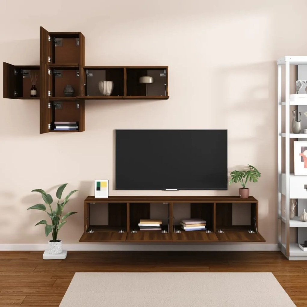 Set comode TV, 7 piese, stejar maro, lemn compozit 7, Stejar brun, 80 x 30 x 30 cm