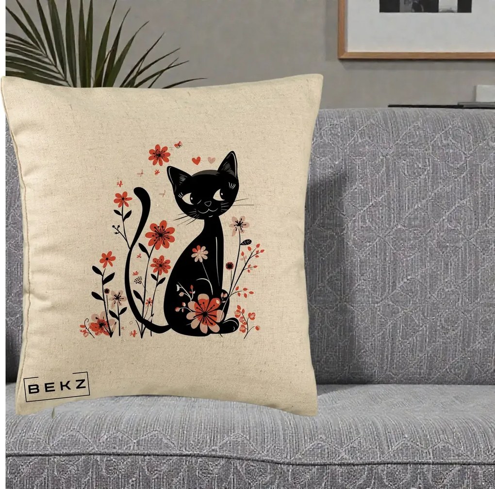 Perna Decorativa Pisica Neagra Flori Roz si Inimi, 40x40 cm, Bej, Husa Detasabila, Perna Inclusa, BEKZ®