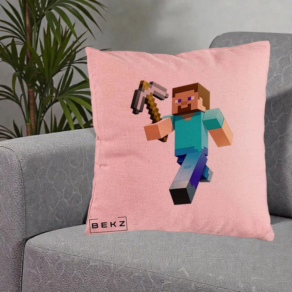 Perna Personalizata Minecraft Steve cu Tarnacop, 40x40 cm, Roz, Husa Detasabila, Perna Inclusa, BEKZ®