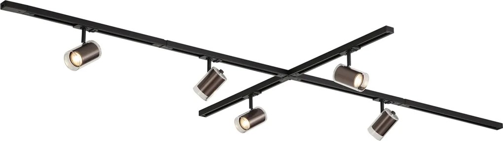 Sistem de iluminat pe șină modern negru cu 5 spoturi bronz închis monofazate - Iconic Lloyd
