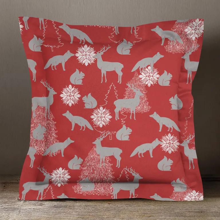 Goldea față de pernă cu tiv decorativ loneta - model 427 de crăciun - animale sălbatice pe roșu 40 x 60 cm