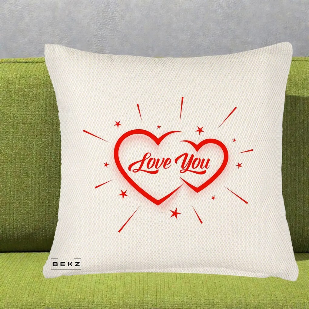 Cadou Romantic - Perna Personalizata Love You Doua Inimi, 40x40 cm, Crem Reliefat, Husa Detasabila, Perna Inclusa, BEKZ®