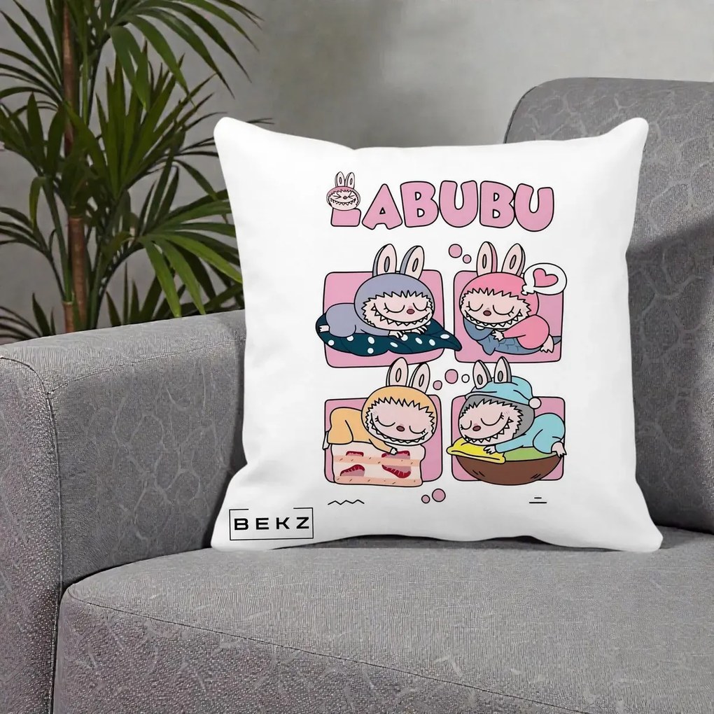 Perna Personalizata Labubu Sleeping Quad Grid, 40x40 cm, Alba Mata, Husa Detasabila, Perna Inclusa, BEKZ®