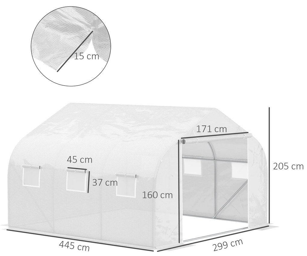 Sera tunel din PE Outsunny cu tevi de fier, 450 x 300 x 200 cm, alb | Aosom Romania