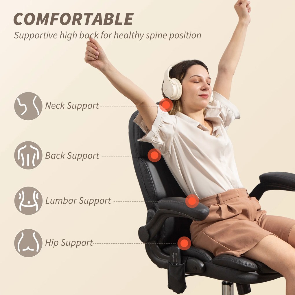 HOMCOM Scaun de Birou Masant Vibrant la 4 Puncte cu Funcție de Dondolo și Încălzire, Scaun de Birou, Scaun pentru Birou în Piele PU cu Brațe Pliabile și Înălțime Reglabilă, Negru | Aosom Romania