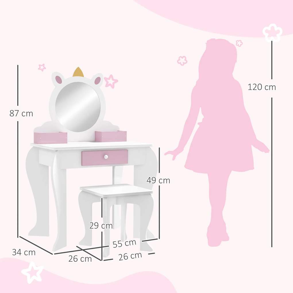 ZONEKIZ Set de Toaletă pentru Fete cu Taburet și Oglindă, Design Unicorn | Aosom Romania