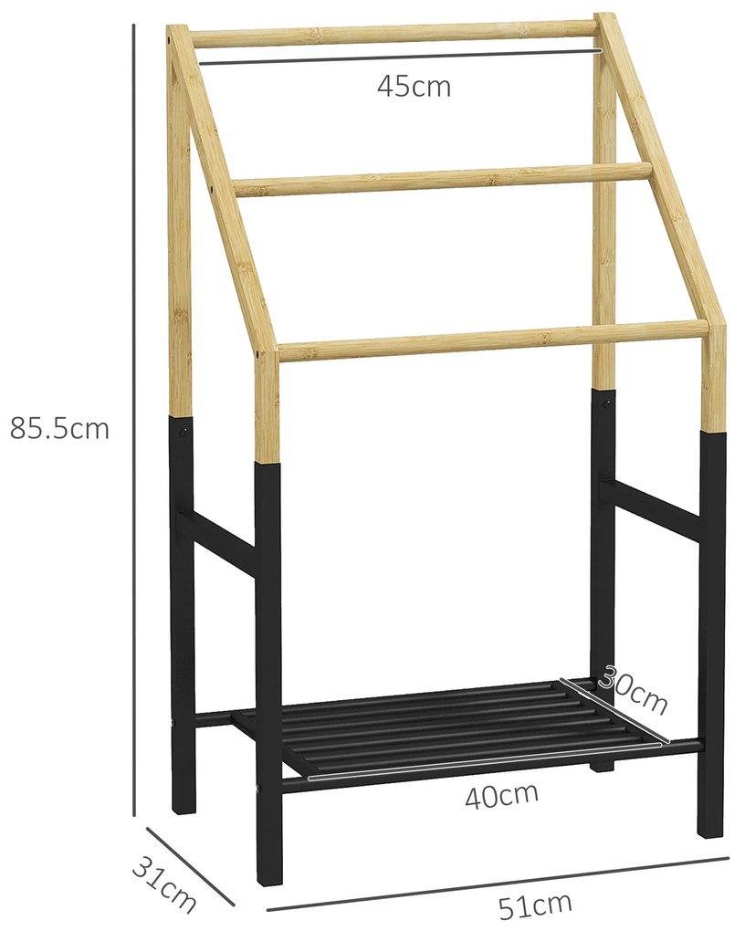 HOMCOM Suport de Podea pentru Prosoape cu 3 Bare și Raft Inferior pentru Obiecte, 51x31x85,5 cm, Negru | Aosom Romania