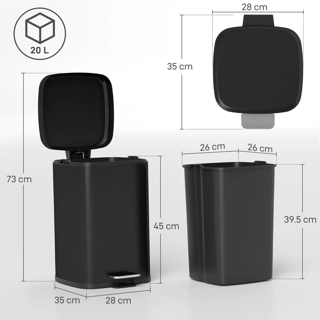 HOMCOM Coș de gunoi dreptunghiular cu pedală 20 L din metal, cu capac, găleată detașabilă, antiamprentă, negru | Aosom Romania