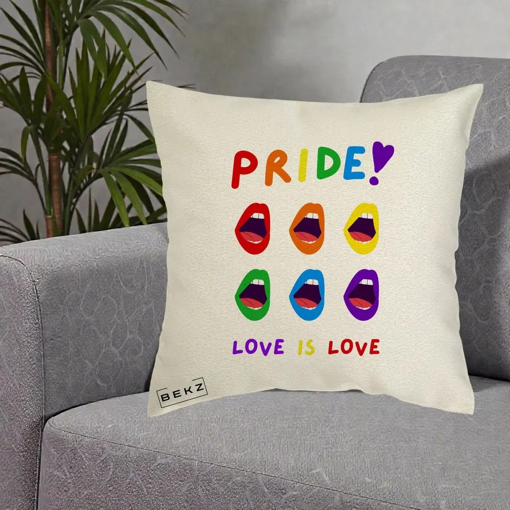 Perna Personalizata Pride Love is Love Curcubeu, 40x40 cm, Ecru, Husa Detasabila, Perna Inclusa, BEKZ®