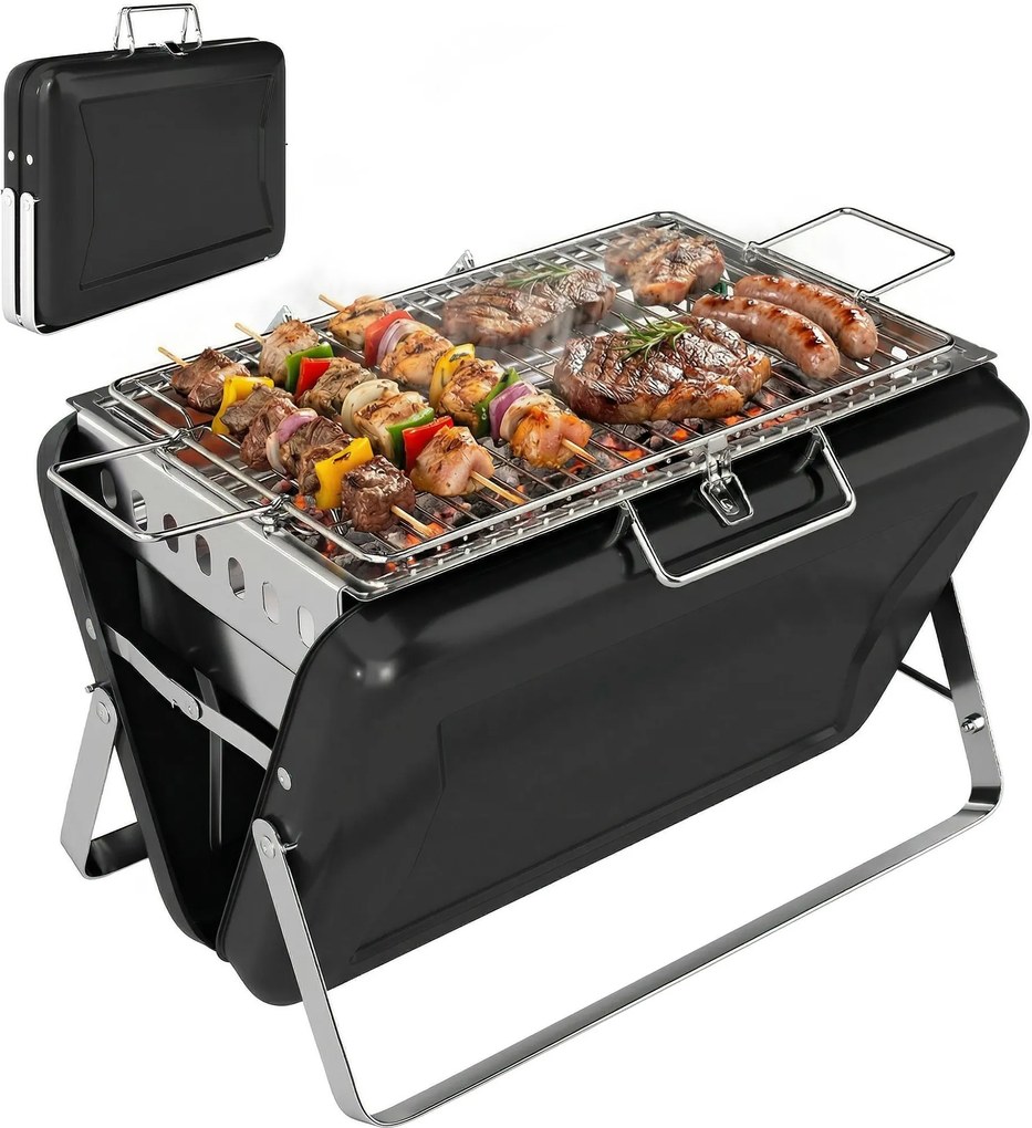 Outsunny Grătar pe cărbune din oțel inoxidabil BBQ Smoker cu grilă, mâner și picioare pliante pentru barbecue camping 40x28x25,5cm Negru | Aosom Romania
