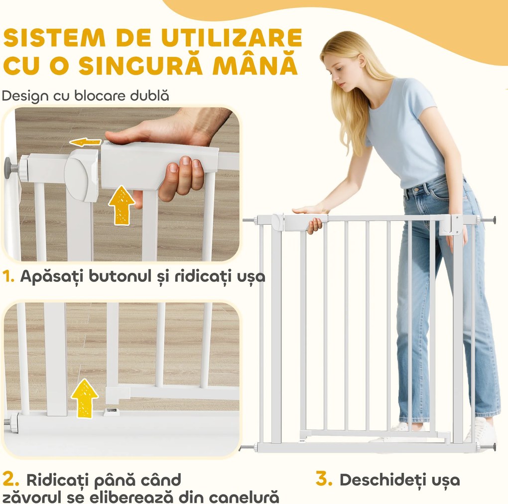 PawHut Poartă de Siguranță pentru Copii și Animale, Poartă pentru Câini cu Închidere Automată, Deschidere în Ambele Direcții, Montare prin Presiune, 76-82x76 cm, Alb | Aosom Romania