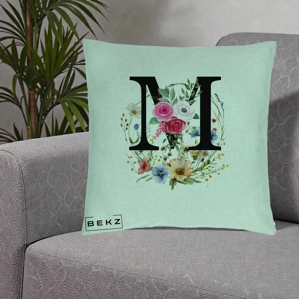 Cadou Personalizat - Perna Personalizata Monogram Litera M cu Flori Acuarela, 40x40 cm, Verde Menta, Husa Detasabila, Perna Inclusa, BEKZ®
