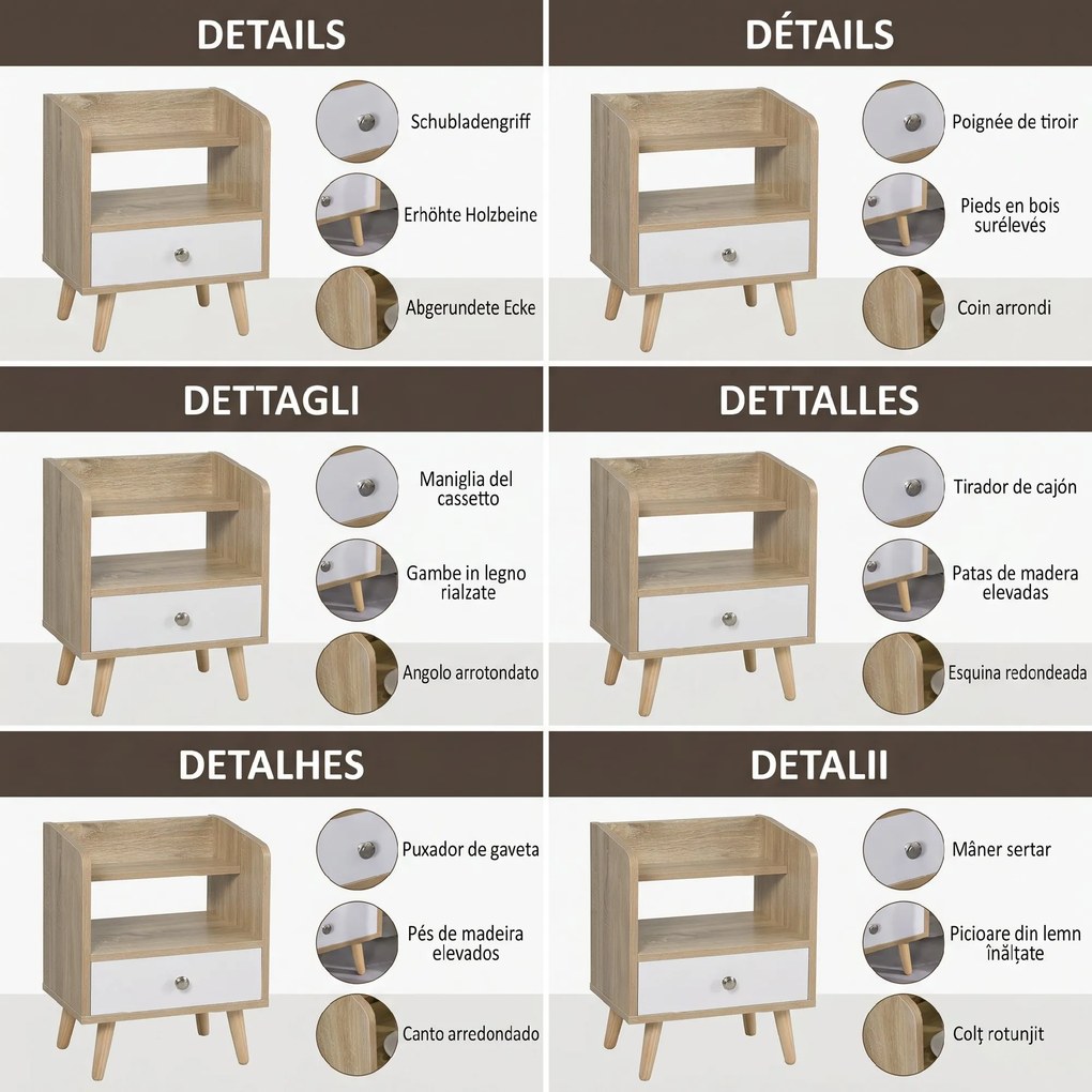 HOMCOM Noptieră cu Sertar și Raft, Mobilier Compact pentru Dormitor sau Sufragerie, Economie Spațiu, Lemn, Alb | Aosom Romania