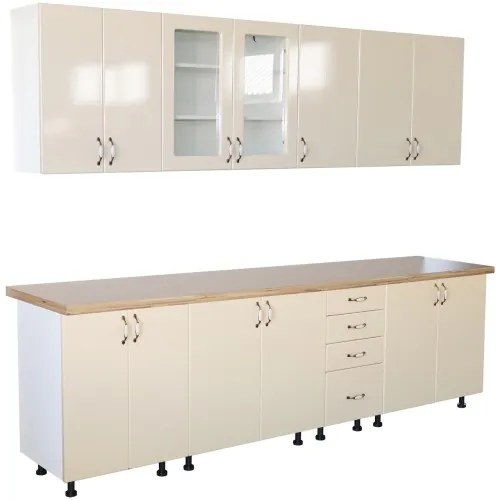 Bucatarie Zebra 260 cm din MDF Vanilie cu blat termoizolant artar