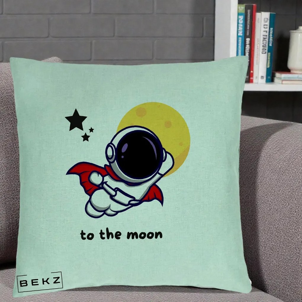 Perna Decorativa Astronaut To The Moon, 40x40 cm, Verde Menta, Husa Detasabila, Perna Inclusa, BEKZ®