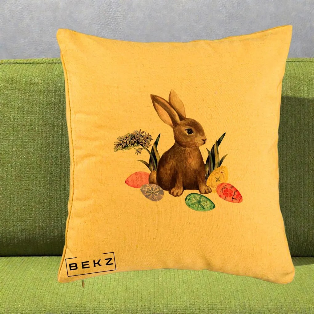 Perna Decorativa Iepuras cu Oua de Pasti Acuarela, 40x40 cm, Galben, Husa Detasabila, Perna Inclusa, BEKZ®