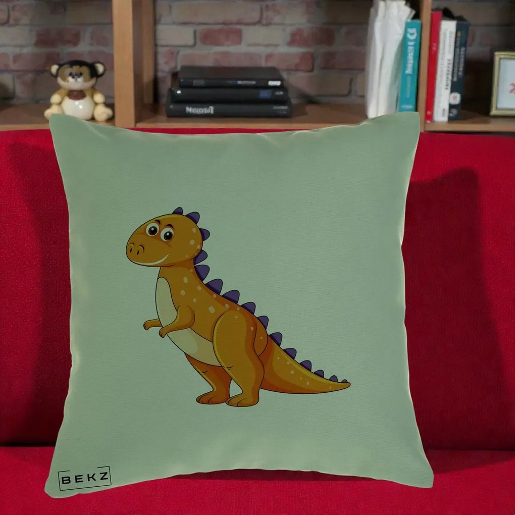Perna Decorativa T-Rex Portocaliu, 40x40 cm, Verde, Husa Detasabila, Perna Inclusa, BEKZ®