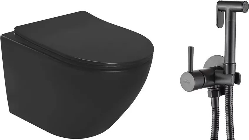 Pachet vas wc suspendat Rea Carlo, capac softclose si set dus igiena intima negru cu baterie incastrata Invena Bidetta