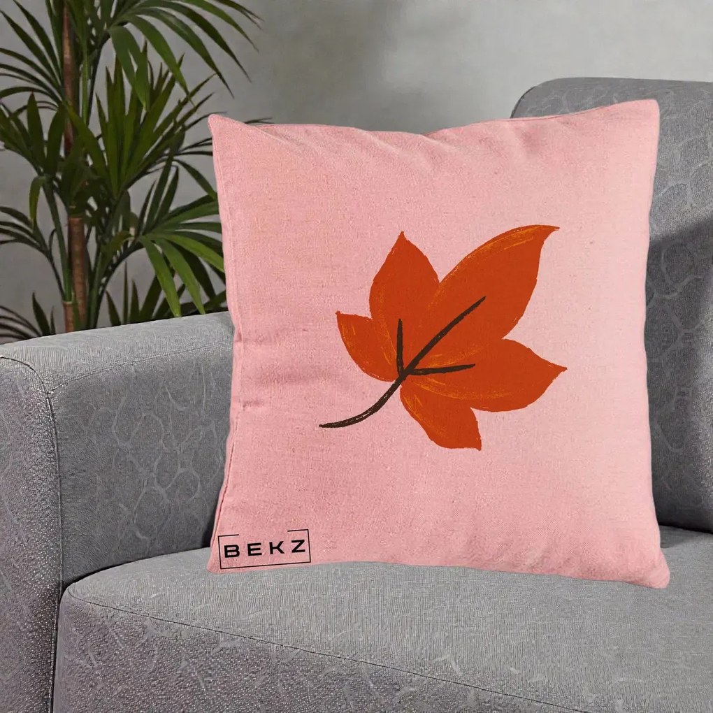Perna Decorativa Frunza de Toamna Portocalie, 40x40 cm, Roz, Husa Detasabila, Perna Inclusa, BEKZ®