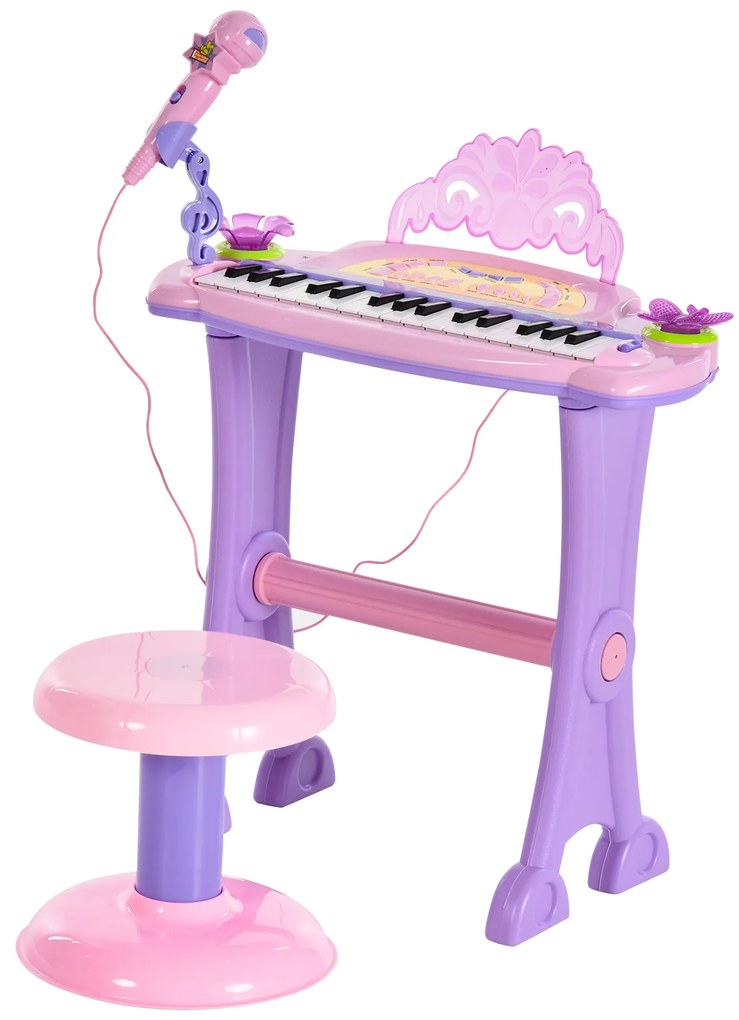 HOMCOM set pianina pentru copii, taburet si microfon, roz  | Aosom Ro