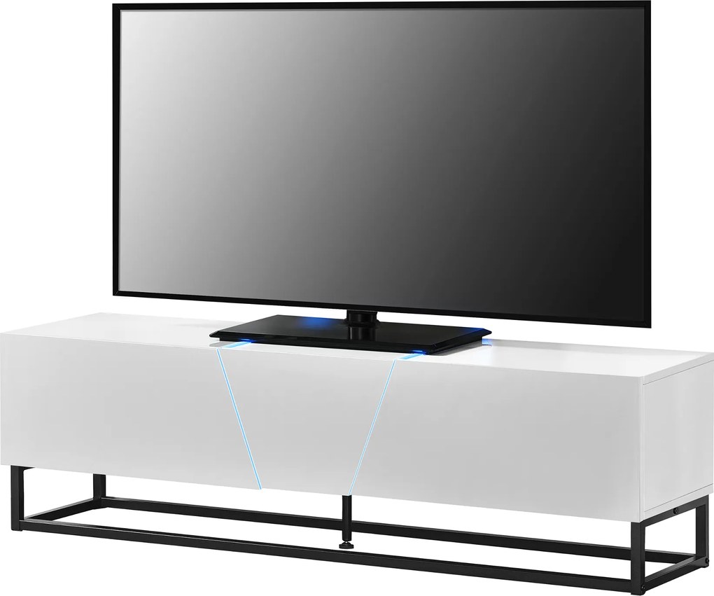 [en.casa]® Comoda TV cu LED AANT-0331, 140 x 35 x 41 cm, MDF/metal, cu 2 dulapuri, alb lucios/negru