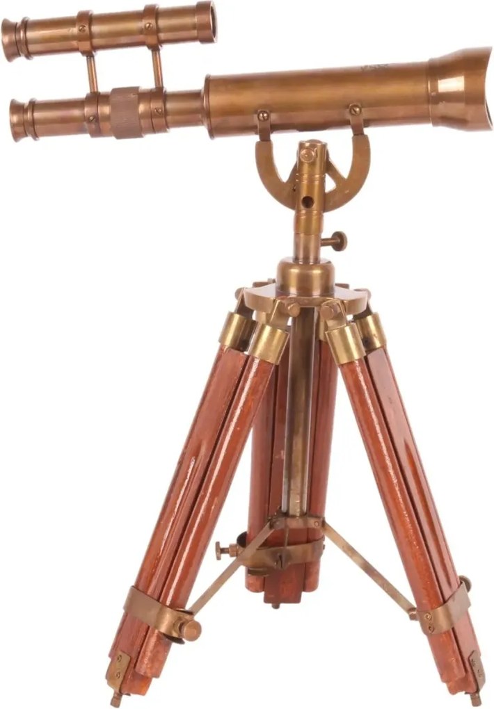 Telescop decorativ din alamă și aluminiu, maro, aspect vintage, cu trepied reglabil din lemn, finisaj antichizat, 47 x 24 x 18 cm, „Astrolabe”