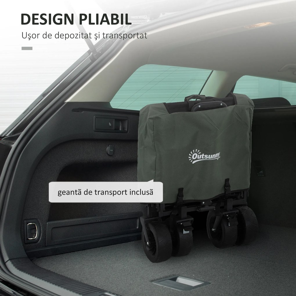 Outsunny Cărucior Pliabil de Grădină cu Deschidere Posterioară, Roți, Buzunare de Depozitare și Mâner, 125x48x78-102 cm, Verde | Aosom Romania